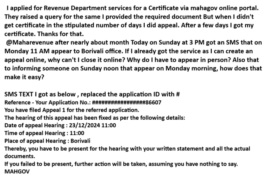 raj_boricha's tweet photo. @maharevenue @CMOMaharashtra  Kindly guide as I called the helpline but they said other than appearing in person there is no other way. as there is text limit uploaded query as image. https://t.co/2QL8ZZegQu