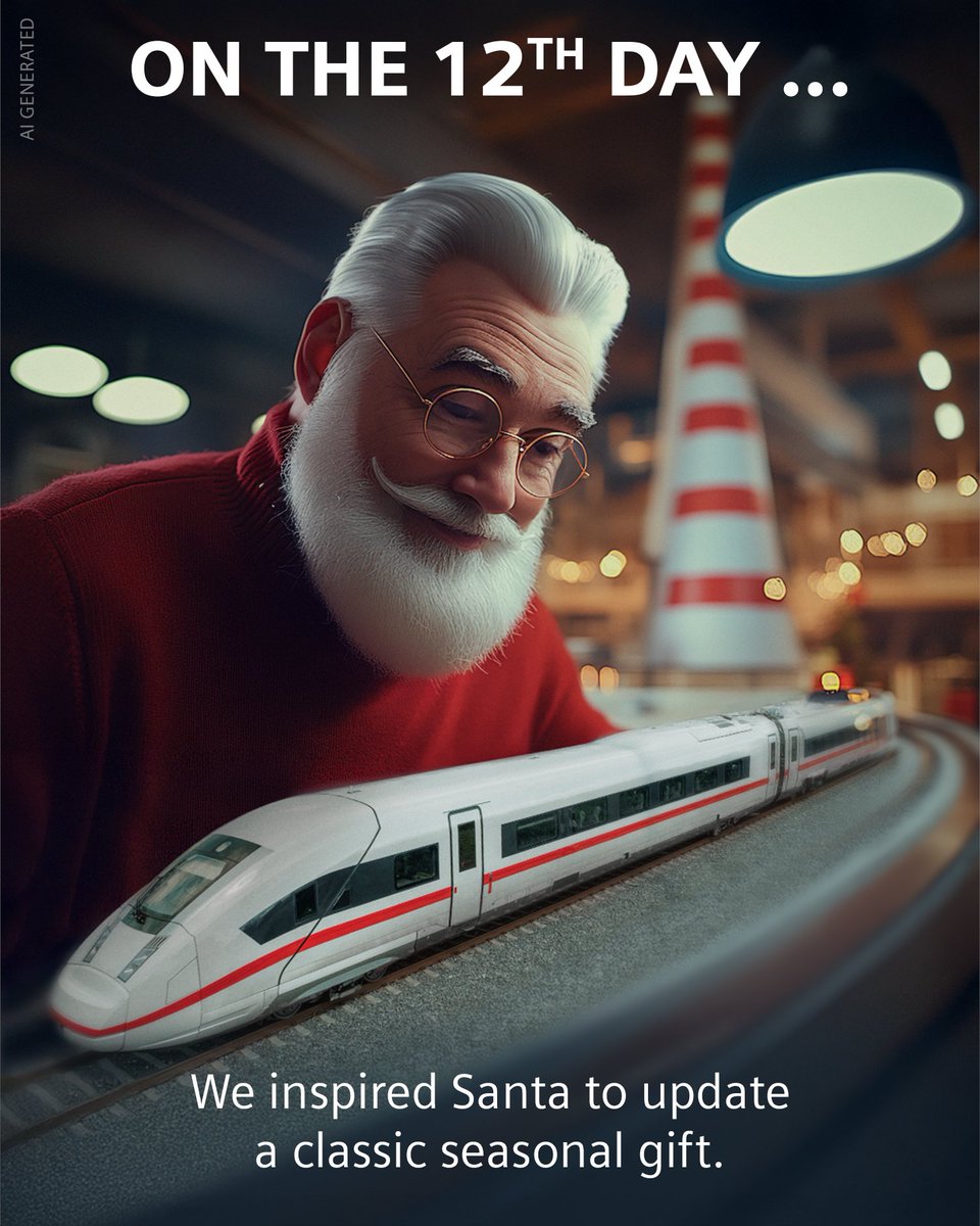 Siemens's tweet image. Taking inspiration from our latest #HighSpeedTrain, Santa remodelled the traditional wooden one to look just like our #ICE4. 🚂 Traveling at 350 mph while saving up to 30% on energy, compared to the previous model.  #TransformTheEveryday