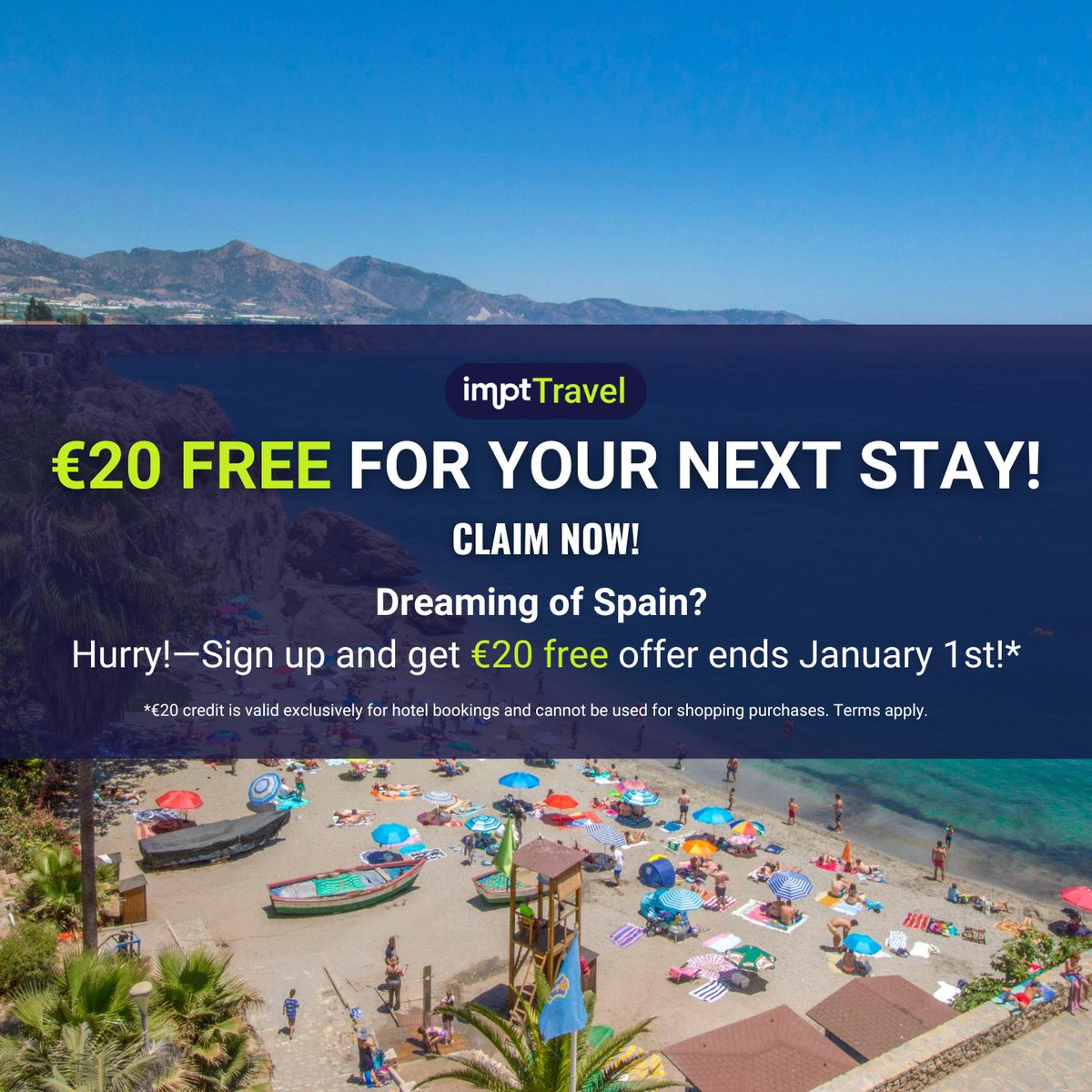 IMPT_token's tweet photo. ☀️ Dreaming of sunny Spain? 🇪🇸

Start your journey with €20 free for your next hotel stay! 🏨🌊

🎁 Sign up now and claim your exclusive travel credit. But don’t wait—offer ends January 1st!

#IMPTTravel #TravelDeals #DreamTrip #SustainableTravel https://t.co/rk7Nq3R305