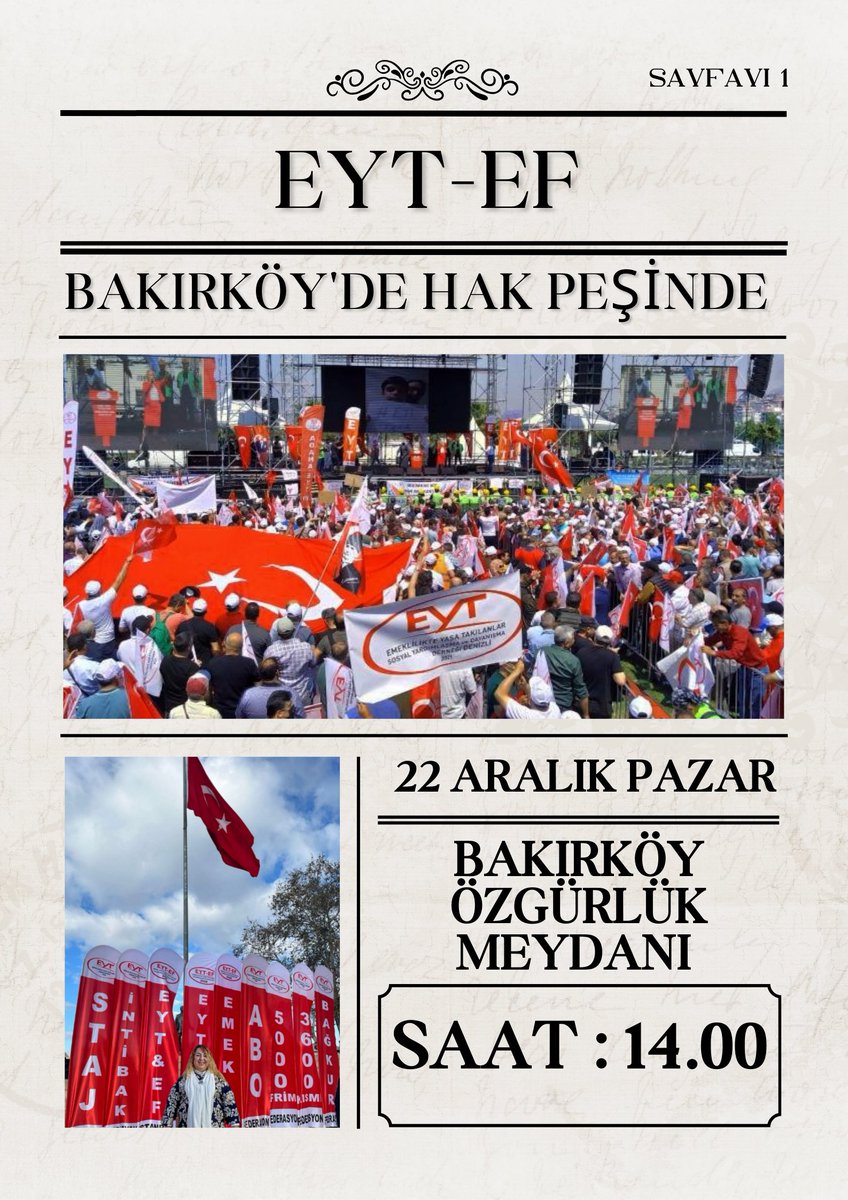 DEVAM
👇
#EytEfBakırköydeHakPeşinde

#Emekli insani yaşam şartlarına kavuşana kadar,

#EYT 5000 ve Kısmi,
#Bağkur Tescil, Prim ve İhya
#Staj ve çırak  #Kademe

Mağduriyetleri bitene kadar,

Mücadeledeyiz !

EYT ve EMEKLİLER FEDERASYONU 

<a href="/RTErdogan/">Recep Tayyip Erdoğan</a>
<a href="/_cevdetyilmaz/">Cevdet Yılmaz</a>
<a href="/isikhanvedat/">Prof. Dr. Vedat Işıkhan</a>