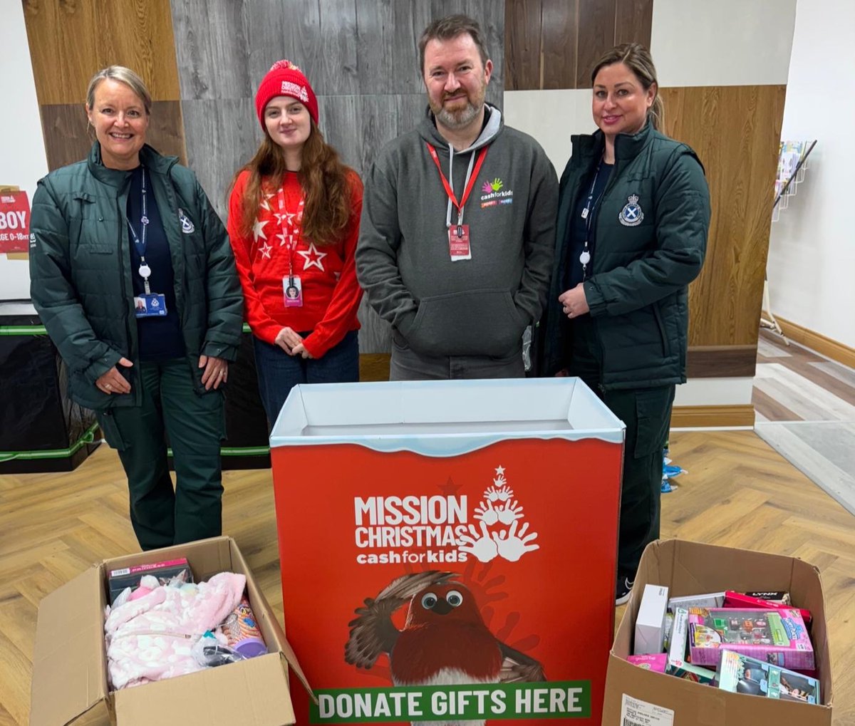 Scotambservice's tweet photo. On the 22nd day of the #SASAdvent Calendar, we are highlighting some Christmas charity and cheer raised by the staff at ScotSTAR Glasgow for Mission Christmas @cashforkids. https://t.co/Ugwd1XeZrY