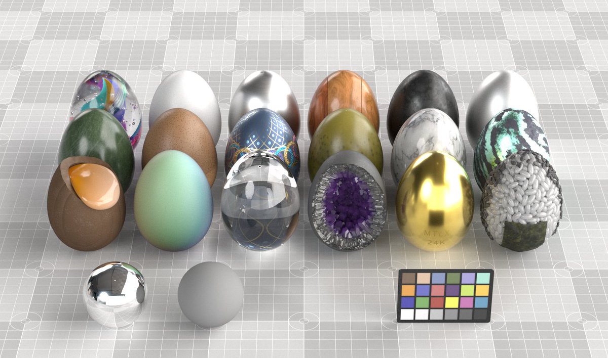 _pablode's tweet photo. Furthermore implemented #MaterialX geompropvalues (MDL scene data), and GeomSubsets. This required quite some code rewriting, as I now store a copy of the CPU geometry data in the renderer itself. Here’s a render of stehrani3d’s MaterialEggs which make use of these features (2/4) https://t.co/J8hNyTCQJL