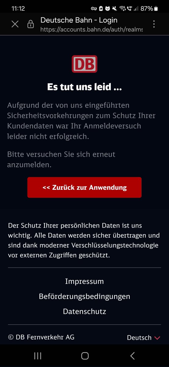 krisilara's tweet photo. @DB_Bahn Ich kann mich schon seit einem Monat im DB-Navigator sowie auf dem Handy über die Website nicht mehr in mein Konto einloggen...
am PC geht es. https://t.co/psvnyHieJW