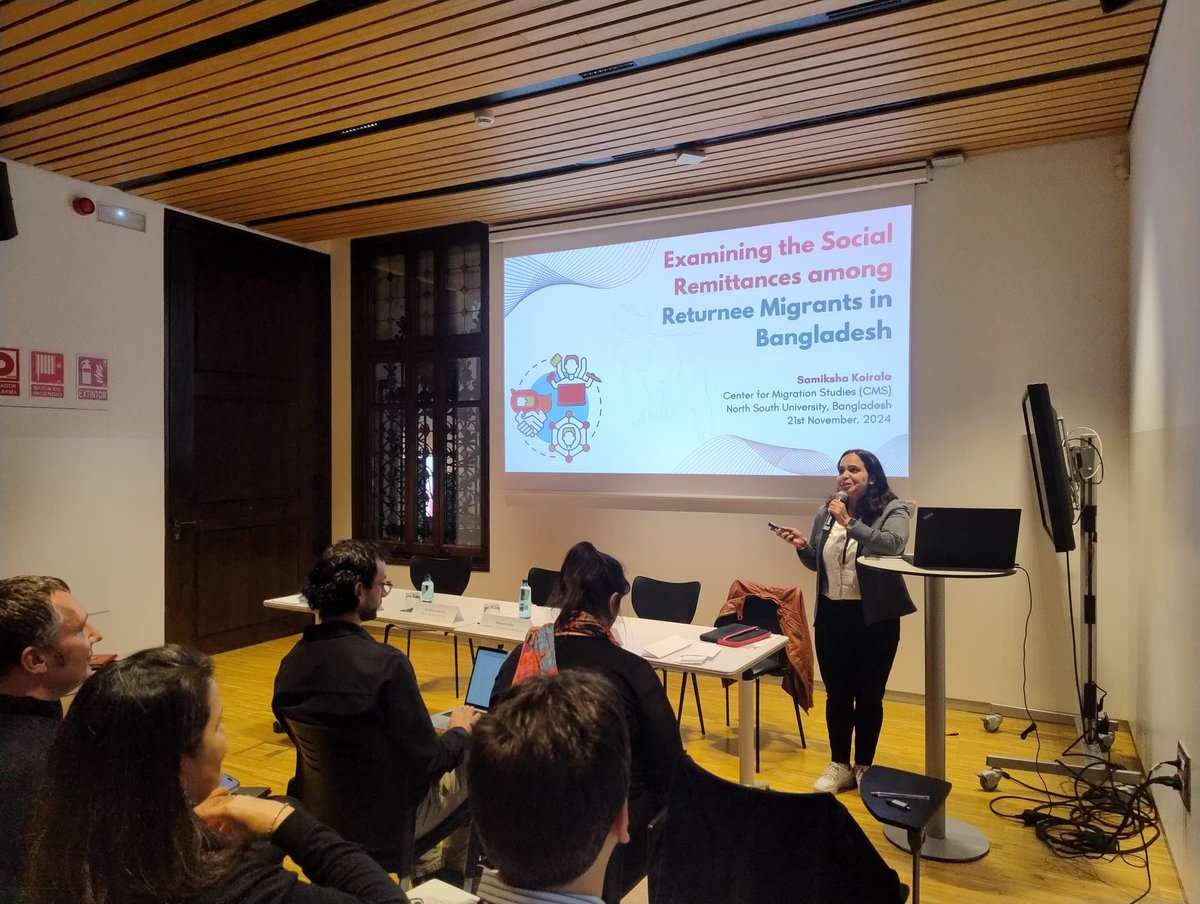 SIPG_NSU's tweet photo. Assistant Professor and member of the Center for Migration Studies (CMS), Dr. Samiksha Koirala, presented the findings of a study on the Social and Political Remittances of Bangladeshi Migrant Workers at the MIGRADEMO Workshop by the Autonomous University of Barcelona, Spain. https://t.co/wmHyfU009X