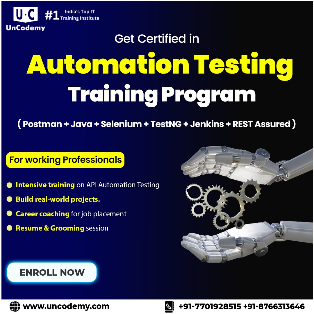 uncodemy's tweet image. 🚀 Upgrade Your Skills with Uncodemy&apos;s Automation Testing Training Program! 🚀

.
.
.
.
#AutomationTesting #APIAutomation #SeleniumTraining #JavaForTesting #PostmanAPI #TestNG #JenkinsTraining #RESTAssured #SoftwareTesting #QAEngineer #TestingTools #LearnAutomation #Automation
