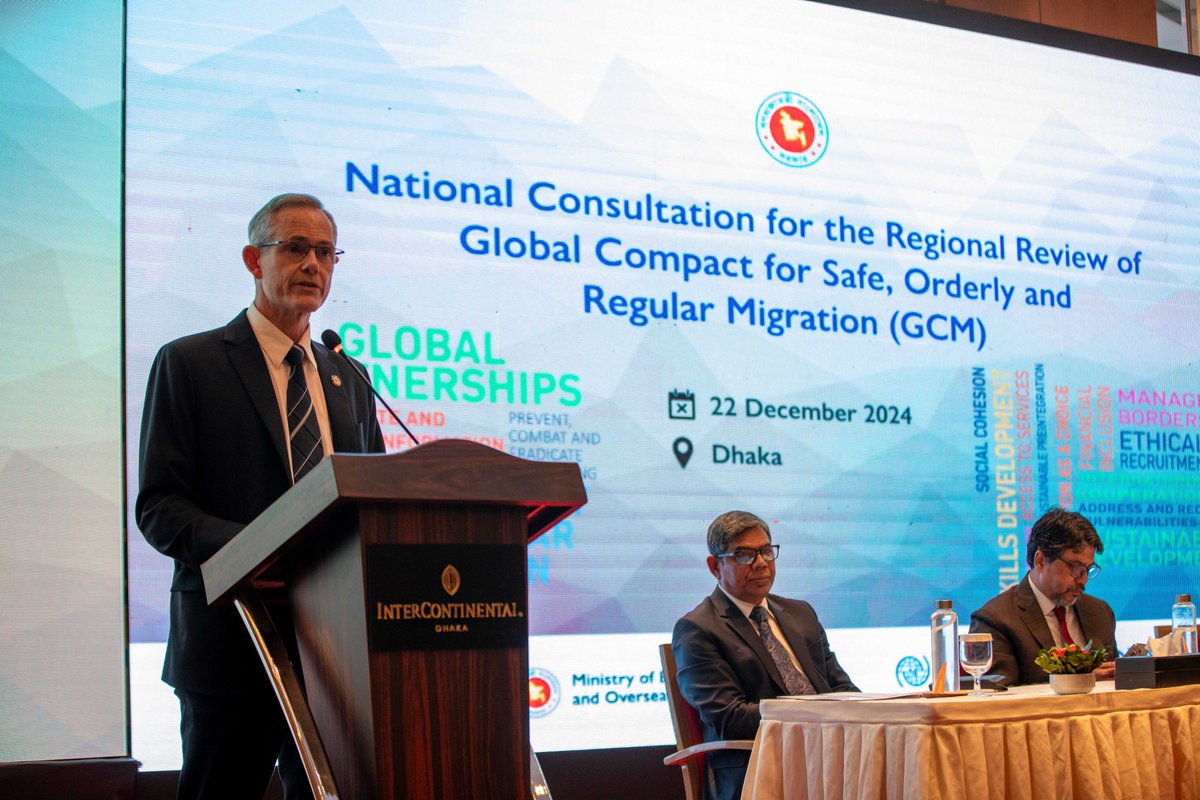 IOMBangladesh's tweet photo. 📢 GCM champion 🇧🇩 gearing for #GCM regional review 2025 brought together migration actors for a National Consultation convened by 🇧🇩 Migration Compact Task Force @BDMOFA, #MoEWOE, @UNmigration is glad to support this initiative striving to make #Migration benefit everyone. https://t.co/h9Nt4mExZa
