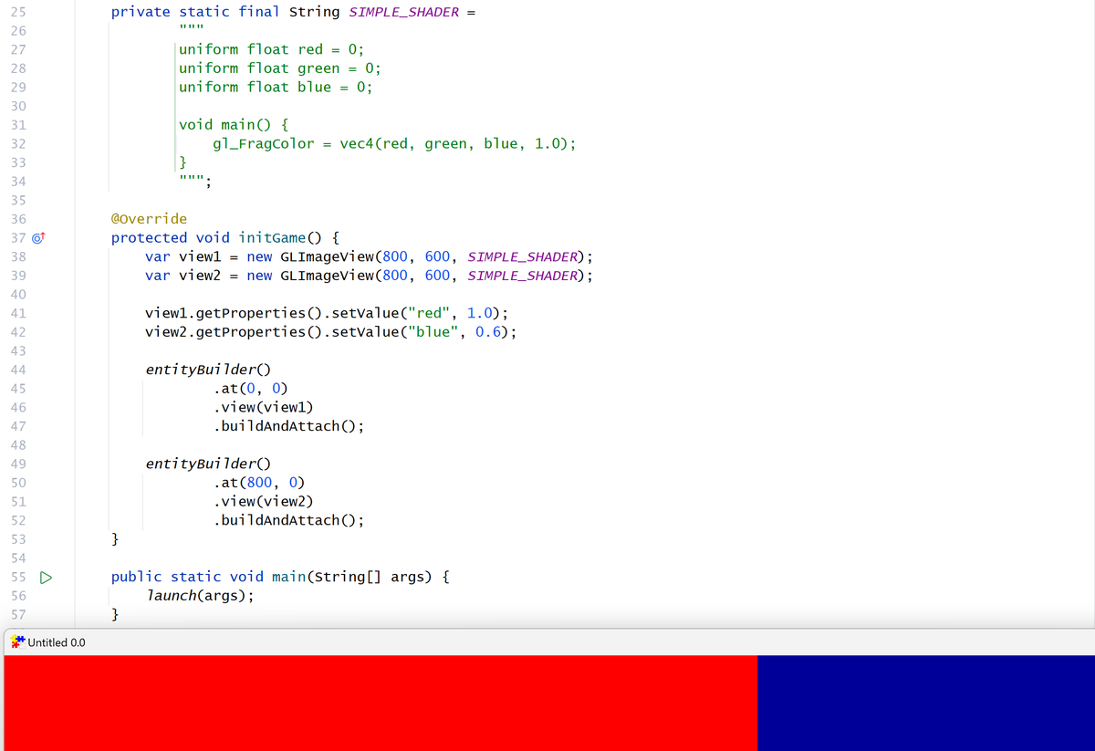 AlmasBaim's tweet image. A minimal example of the user code with 2 shaders and the resulting visual.

Each GLImageView is driven by a GLSL shader. Using FXGL properties, any uniform variable can be set directly, at runtime.

Those with a Windows box will be able to play with this shortly.

#JavaFX #FXGL