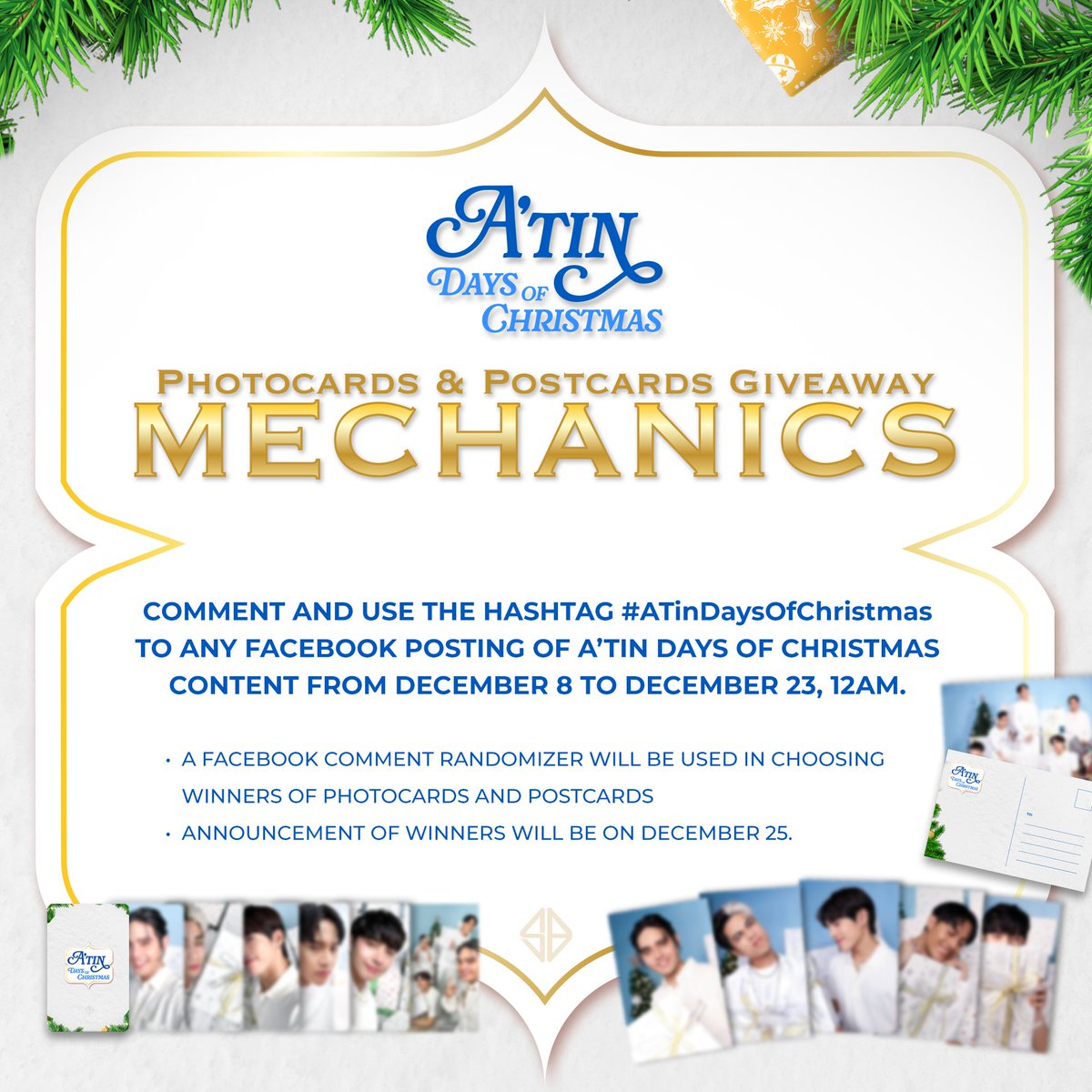 A'TIN DAYS OF CHRISTMAS 🎁

DAY 15 - Photocards and Postcards Giveaway

Follow the mechanics to get a chance to win limited edition A’tin Days of Christmas Photocards and Postcards!

#SB19 #ATinDaysOfChristmas
