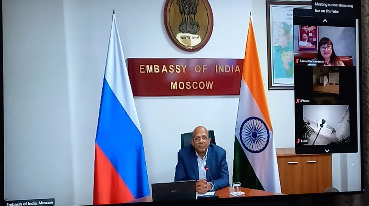 IndEmbMoscow's tweet photo. Ambassador @vkumar1969 addressed the participants in the online programme organized by @ArtofLiving, celebrating  the  First World Meditation Day.

@UN proclaimed 21 December as World Meditation Day, recognizing the immense benefits about meditation.

Ambassador and other officers of the Embassy also participated in the meditation session guided by #SriSriRaviShankar.

@vkumar1969 
@IndianDiplomacy 
@iccr_moscow