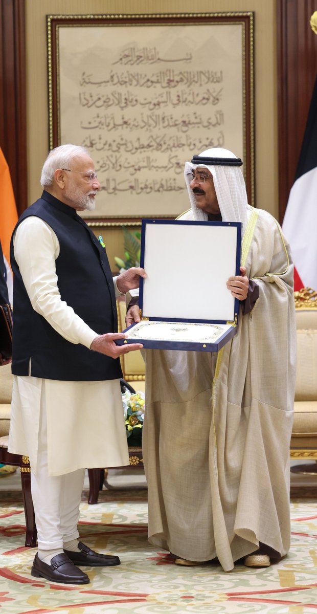 narendramodi's tweet photo. I am honoured to be conferred the Mubarak Al-Kabeer Order by His Highness the Amir of Kuwait, Sheikh Meshal Al-Ahmad Al-Jaber Al Sabah. I dedicate this honour to the people of India and to the strong friendship between India and Kuwait. https://t.co/fRuWIt34Cx