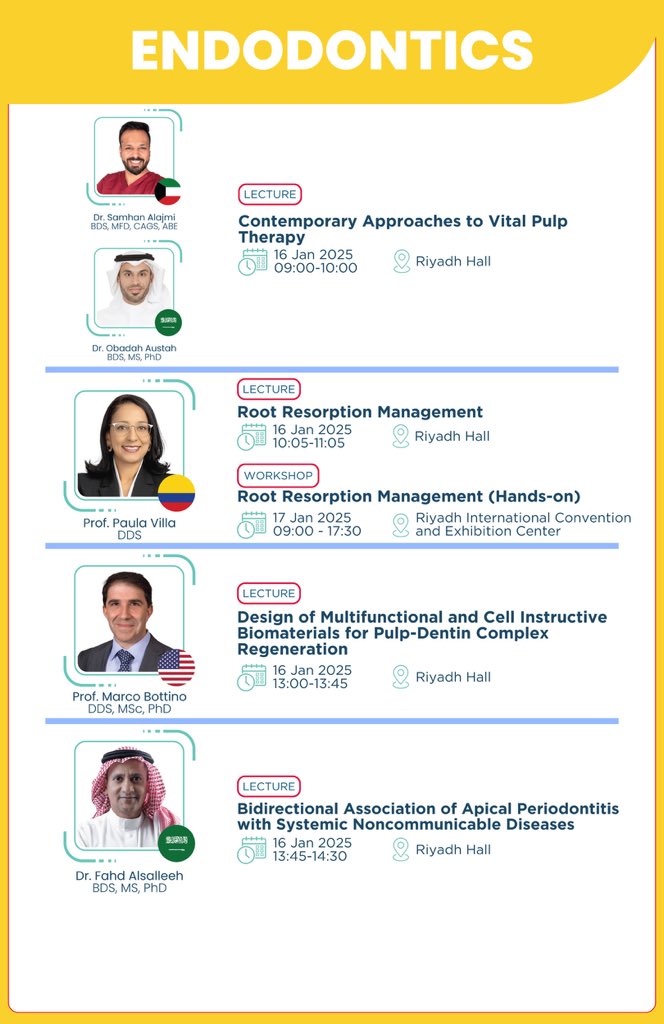 FDI Regional Congress-SIDC 2025

✨ Endodontic Session

📅 16-18 January 2025
📍 Riyadh International Convention and Exhibition Centre 

🔗for registration: sidc.org.sa