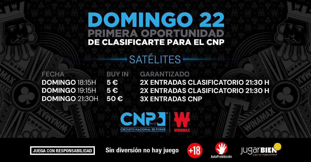 Hoy es el día 💙❤️ Comenzamos destino CNP W ♣️ con los satélites exclusivos de <a href="/Winamax_Espana/">Winamax Póker 🇪🇸</a> 
2 steps de 5€ y satélite con 3 entradas de 550€ Garantizadas. 

Clasifícate. Tú eliges dónde juegas.