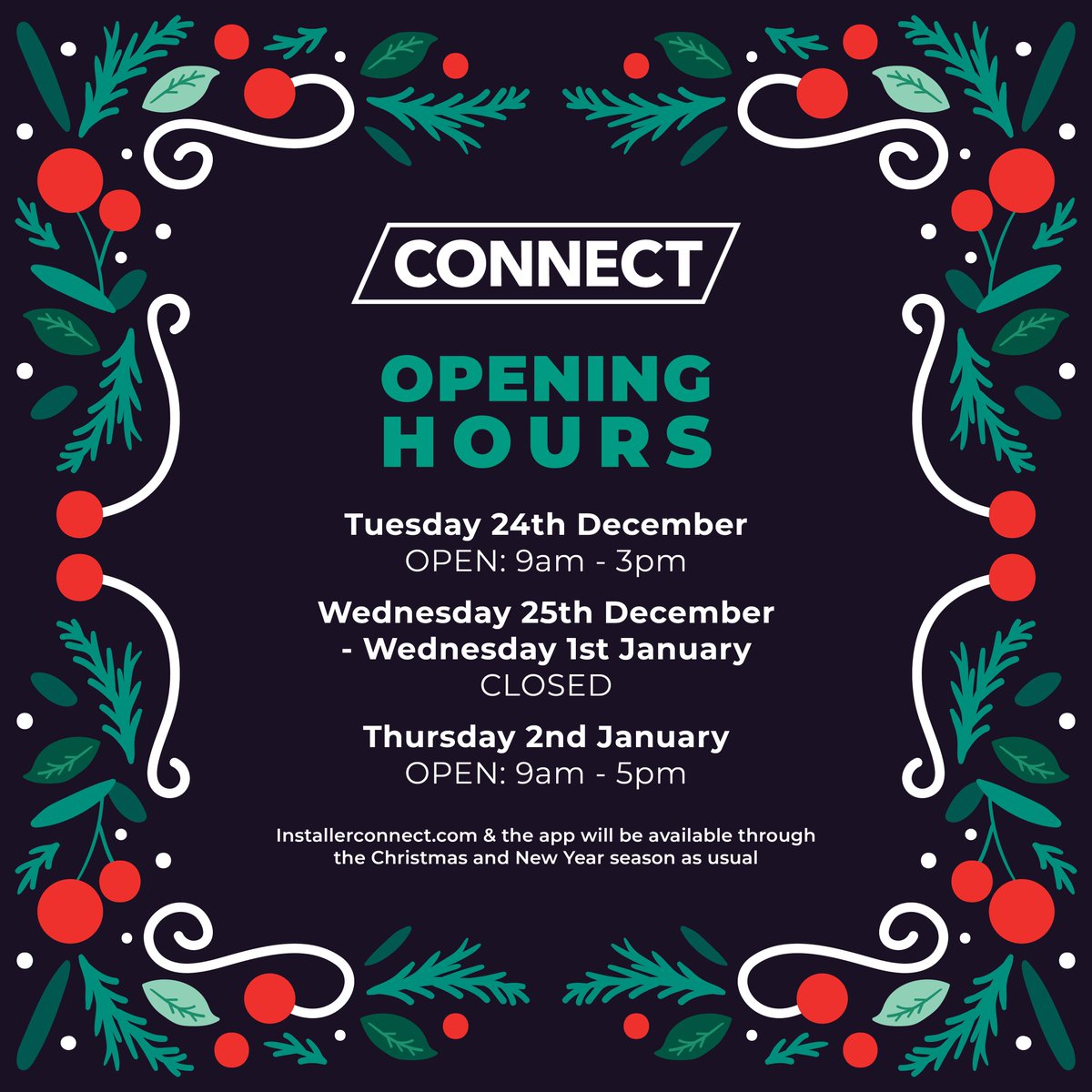 Connect Christmas closing dates and times! 🎁

#IdealHeating #InstallerConnect