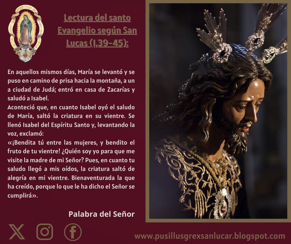 🟣 IV DOMINGO DE ADVIENTO
Lectura del santo Evangelio según San Lucas (1,39-45):
«El Poderoso ha hecho obras grandes en mí»

#pusillusgrex #soberanopoder #guadalupe #jara