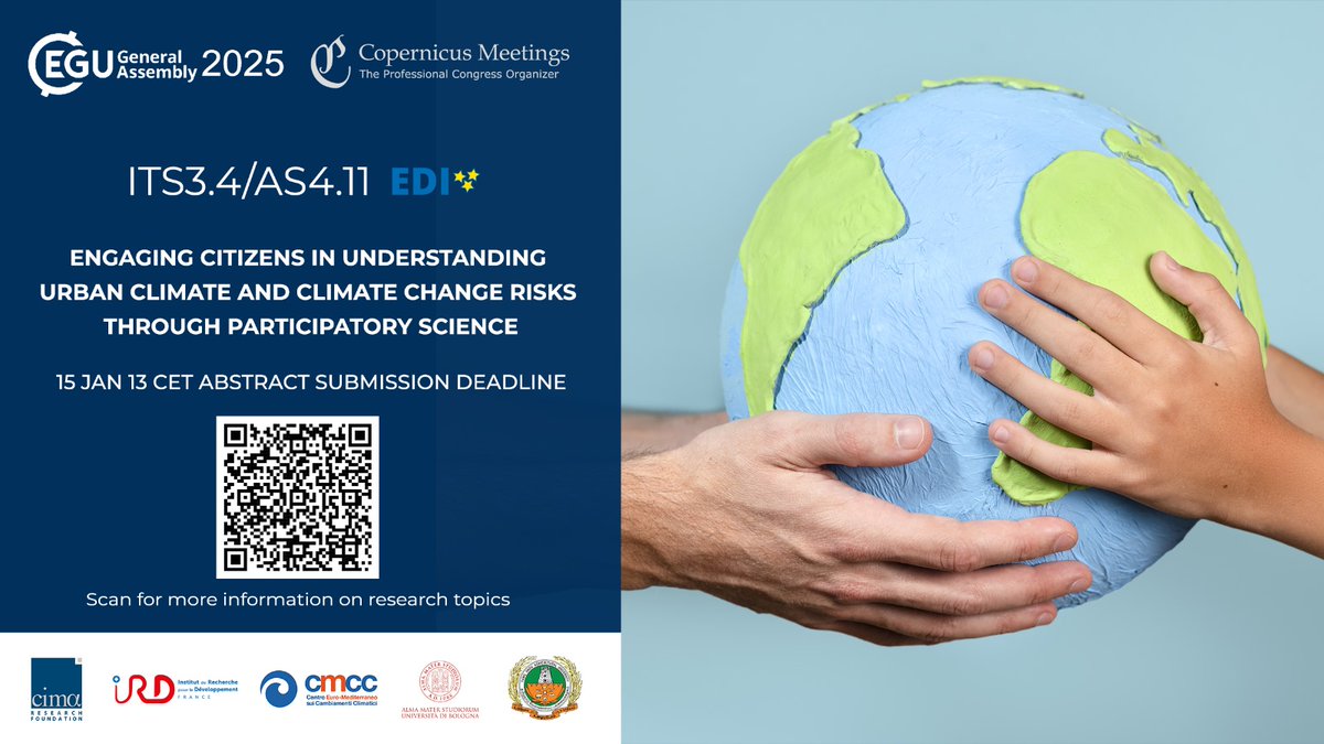 CIMAFoundation's tweet photo. 📢 If you’re interested in #SocialScience applied to #ClimateChange Risks, submit an abstract to our #EGU25 session "Engaging Citizens in Understanding #UrbanClimate and Climate Change Risks through #ParticipatoryScience". You still have until 15 January to apply! https://t.co/WCPaE8W6op