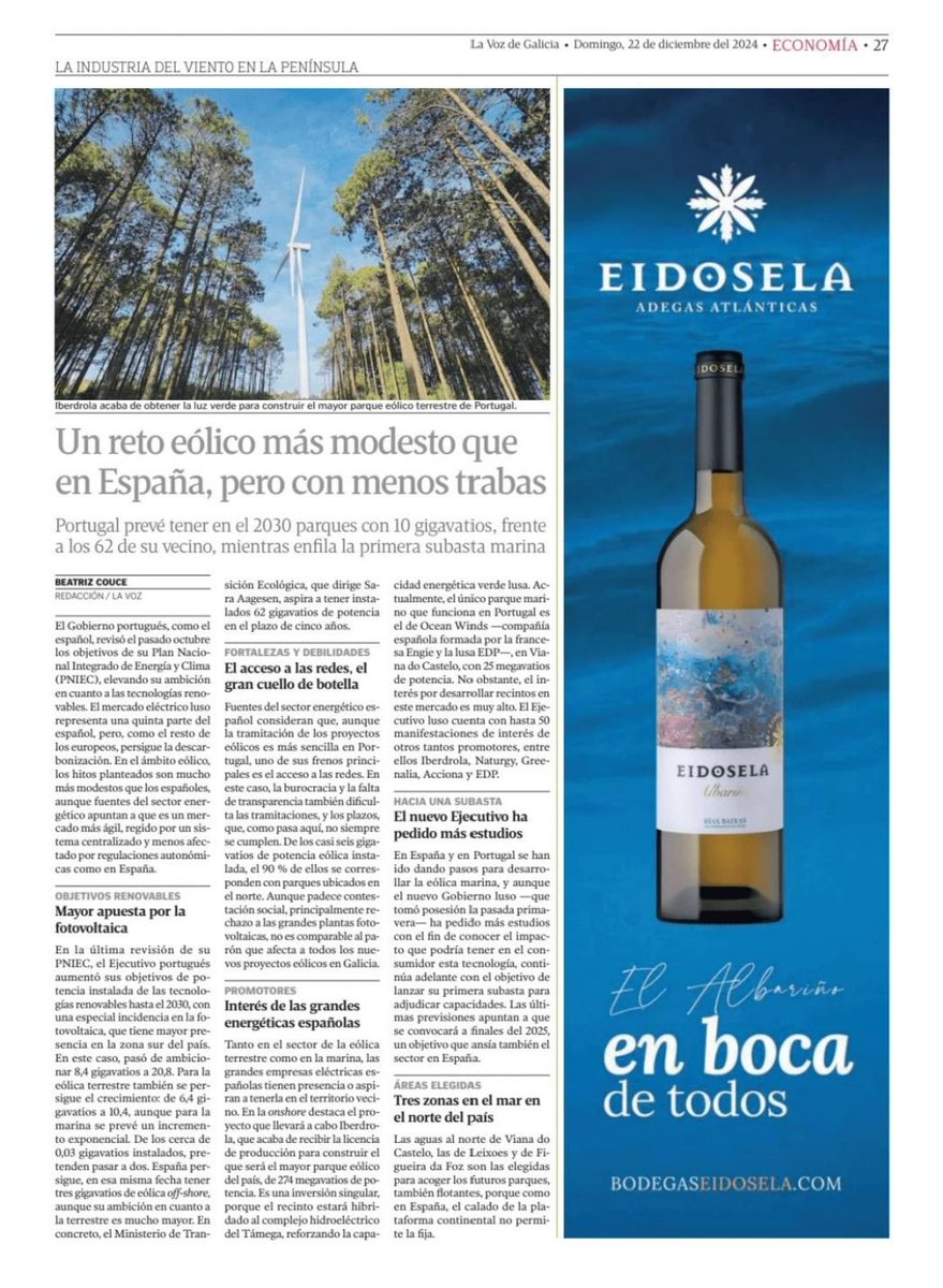 AnaVill96855504's tweet photo. Un reto eólico más modesto que
en España, pero con menos trabas
Portugal prevé tener en el 2030 parques con 10 gigavatios, frente
a los 62 de su vecino. mientras enfila la primera subasta marina

#Iberdrola #Naturgy #Greenalia #Acciona y #EDP

Recomendo lectura 👁👇 https://t.co/vG9q9Qqlgv