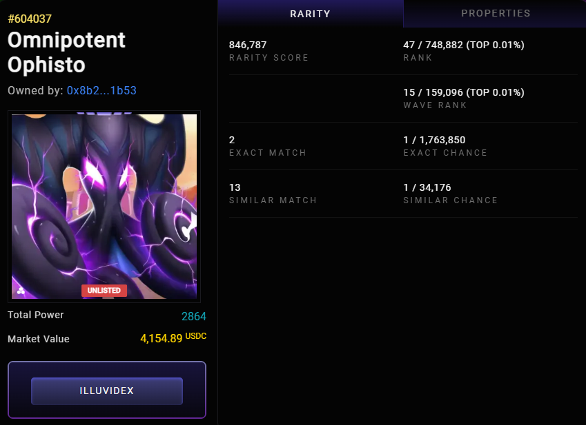 💥 How much can you sell the Omnipotent Ophisto
 –  How rare is it?💥 

✅ Worth 4,154.89 USDC – Ready to sell NOW! 
✅ 1 in 1,763,850 chance to land this exact Illuvitar with an insane rarity score of 846,787 🤯 
✅ Ranked #47 out of 748,882 Illuvitars!    

How did I know this?