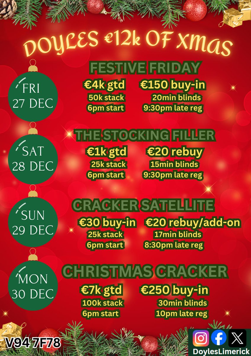 Doyles schedule over the festive period with our €250 buy-in Christmas Cracker main event on Monday 30th December. Wishing all our members a happy and lucky Christmas 🎅🤠