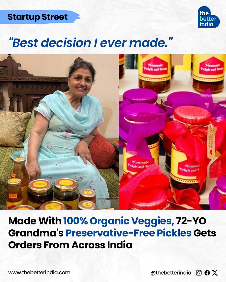 thebetterindia's tweet photo. Age is but a number - Meenakshi Mehra, an interior designer turned cook - proves it yet again! 

@MommadePickle1 

#MomMade #MeenakshiMehra #pickles #food #seniorcitizen #seniorswhoinspire 

[MomMade, Meenakshi, Pickles, Food Business, Senior Citizen, Women Entrepreneur] https://t.co/NXfVpA7gwW