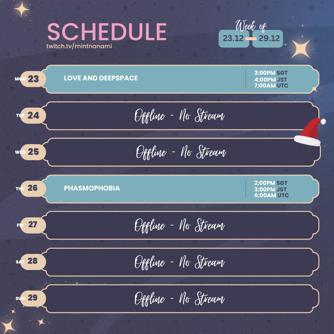 mint_nanami's tweet photo. Schedule🎄 | 23/12 ~ 29/12
https://t.co/hiXHARgQaj
It's Christmas week!
General | #mintnanami
Live/Clip | #nanamintlive
Art | #nanamintart
#Vtuber #VtuberUprising #SGVtuber #VtuberID https://t.co/MTZI7GzQVf