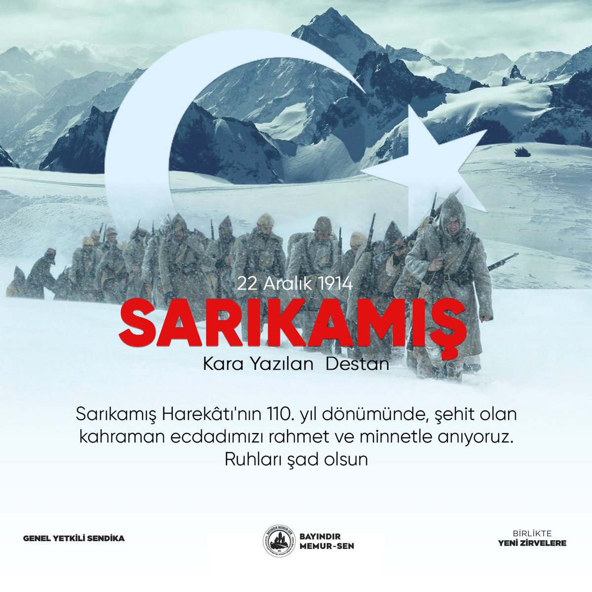 BayndrMemurSen's tweet photo. #SarıkamışHarekatı 'nın 110. yıl dönümünde, vatan savunmasında şehit düşen ve gazi olan kahraman ecdadımızı rahmetle ve minnetle anıyoruz. https://t.co/tHnLTvShA8