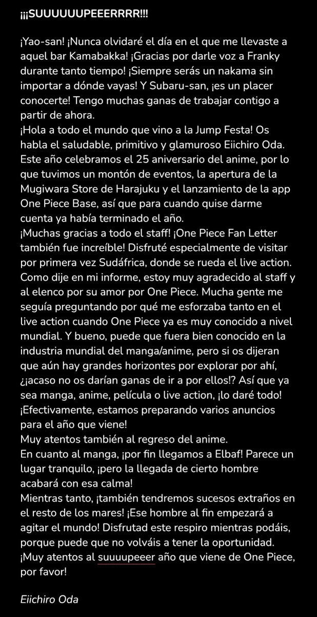 OPCrew_Oficial's tweet image. Mensaje completo de Eiichiro Oda en la Jump Festa 2025:
