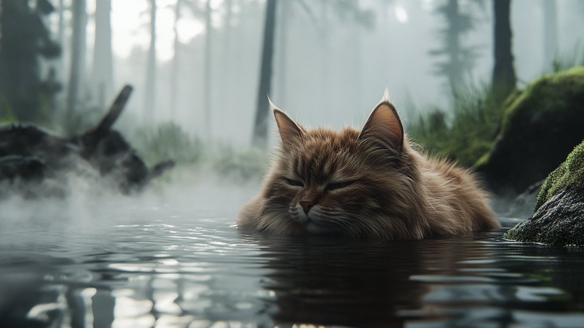 odyssey61734339's tweet photo. 「静かな温泉で一休み」 'Taking a quiet break in the hot spring.' #HotSpring #RelaxingCat https://t.co/1E0hrLGUxr