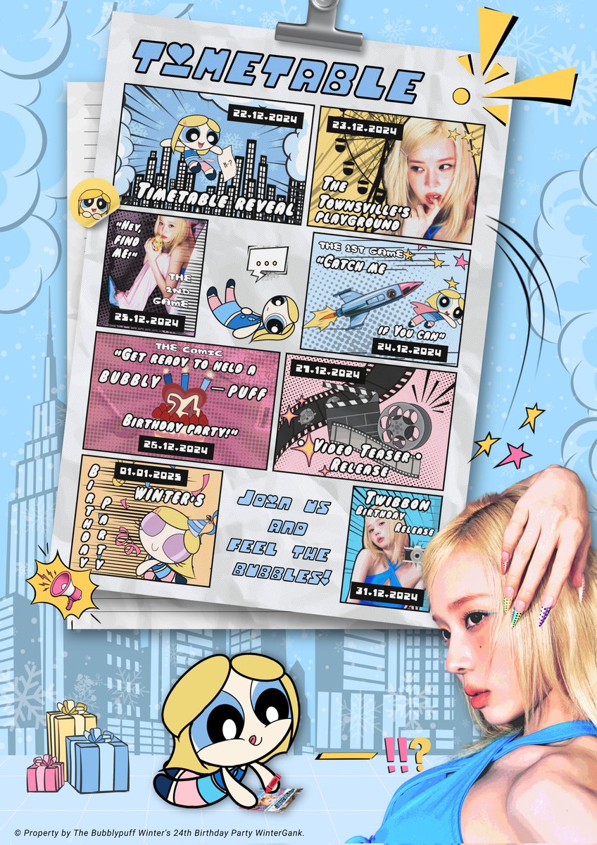 ㅤ

Let's meet a girl with hardcore powers— 
This 𝘁𝗶𝗺𝗲𝘁𝗮𝗯𝗹𝗲’s looking fresh; just shout
her mantra,   ◠   ✩  Bubbles Winter  ✩  ◠   
we’ll be bouncing all the way till her big 
b-day.  𝙅𝙤𝙞𝙣 𝙪𝙨, 𝙖𝙣𝙙 𝙁𝙚𝙚𝙡 𝙏𝙝𝙚 𝘽𝙪𝙗𝙗𝙡𝙚𝙨!  ‹𝟹  #Bubbly24thWinter

ㅤ