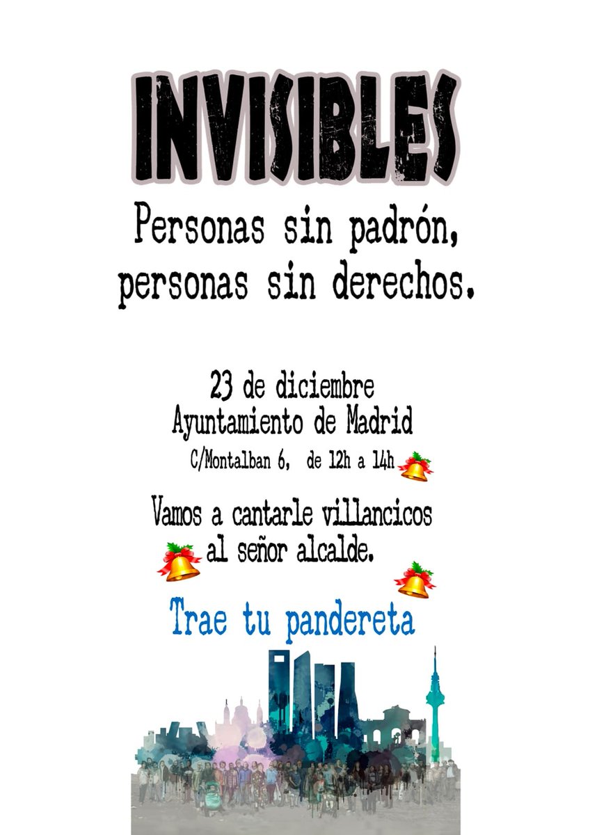 La Red Interlavapiés (@r_interlavapies) on Twitter photo Por el #PadrónPorDerecho y el #DerechoALaCiudad, vamos a seguir gritando y cantando frente a las trabas y limitaciones que <a href="/fernandezsj/">José Fernández Sánchez</a>, <a href="/MadridPSociales/">Políticas Sociales, Familia e Igualdad</a> y <a href="/MADRID/">Ayuntamiento Madrid</a> están poniendo al empadronamiento.
‼️Vente a cantarles con nosotras‼️
📆 Lunes 23 Dic.
🏠Calle Montalban 6
⏰12h Por el #PadrónPorDerecho y el #DerechoALaCiudad, vamos a seguir gritando y cantando frente a las trabas y limitaciones que <a href="/fernandezsj/">José Fernández Sánchez</a>, <a href="/MadridPSociales/">Políticas Sociales, Familia e Igualdad</a> y <a href="/MADRID/">Ayuntamiento Madrid</a> están poniendo al empadronamiento.
‼️Vente a cantarles con nosotras‼️
📆 Lunes 23 Dic.
🏠Calle Montalban 6
⏰12h