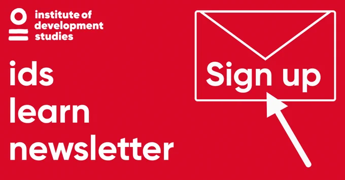 White text on a red background reads "ids learn newsletter". The IDS logo site in the upper left-hand corner, and on the right, there is clip art of an envelope with the words "sign up" and an arrow pointing to it.