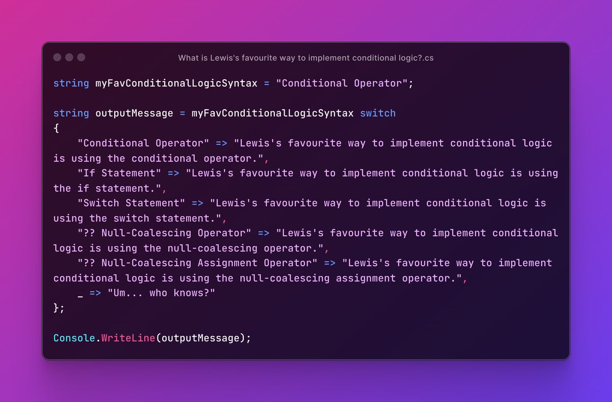 Time for post #2 in my C# L100 series 🕰️ 

Let’s learn about conditional logic together friends 👋 

Check it out on LewisDoesDev now! 

#dotnet #CSharp #CommunityRocks 

lewisdoes.dev/blog/condition…