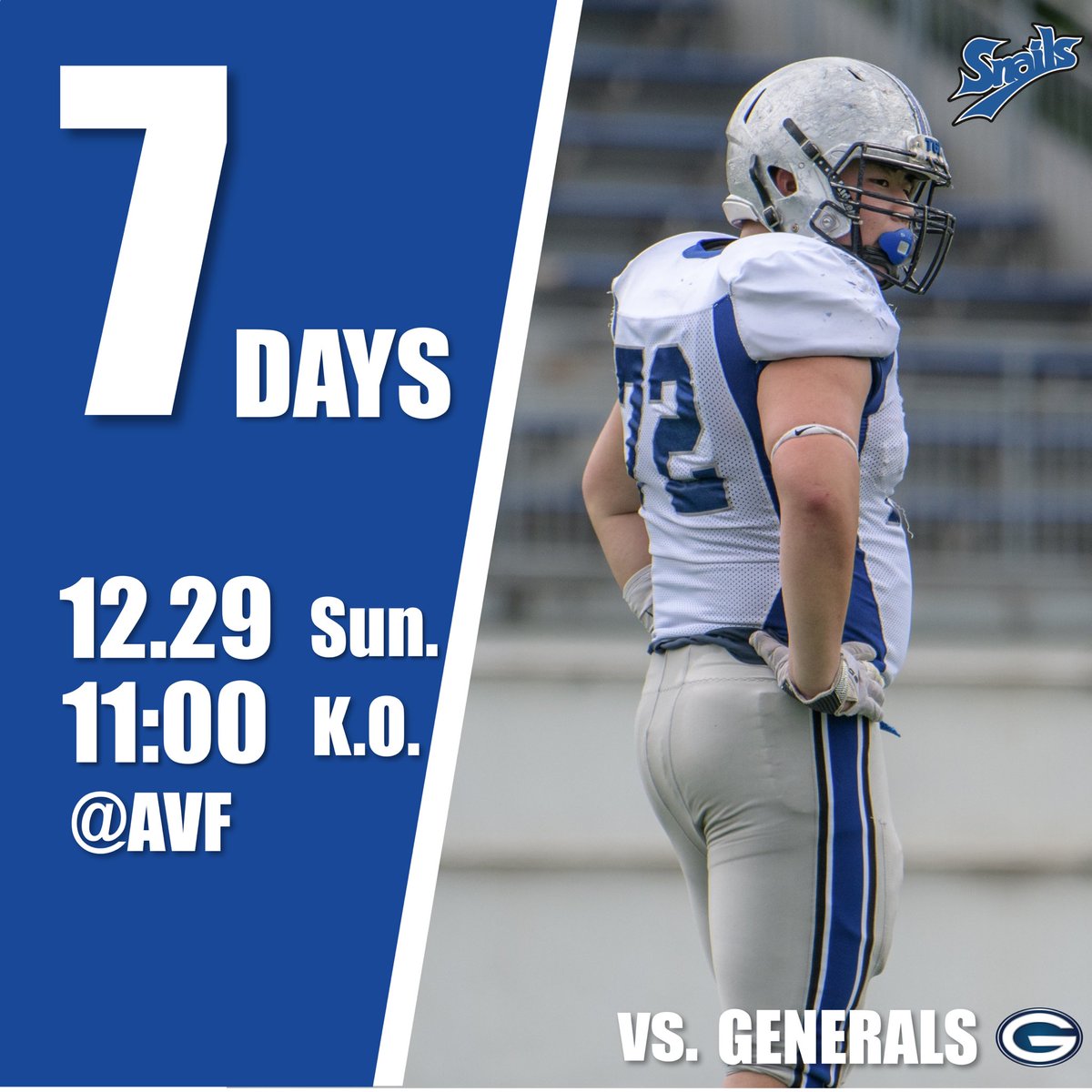 【7DAYS TO KICK OFF】

vs. 学習院大学
12.29 Sun. 11:00 K.O.
@アミノバイタルフィールド

ご観戦チケットのご購入はこちら
forms.gle/ferEaUqeG5Vy3v…

皆様のお越しを心よりお待ちしております。

#snails2024
#東京学芸大学
#americanfootball
#amefootjp
#kcfa
#国分寺
#武蔵小金井