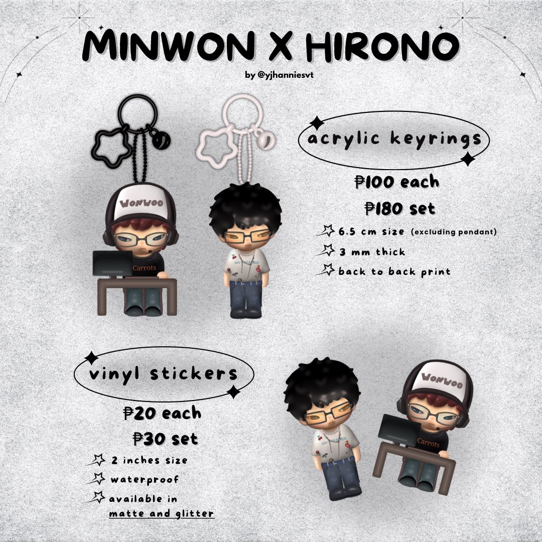 yjhanniesvt's tweet photo. ‧₊˚⊹ wts lfb svt ph

🧸 minwon &amp; 95z hirono inspired acrylic keyrings and stickers

🛒 pre-order: 12.22 – 01.02
📆 dop: 50% dp after oc | rembal: 01.02
🌏 GO = dm

🖇️ order form: https://t.co/oUy4zJx4DX

★ rt event: one winner of keyring of choice &amp; sticker set https://t.co/uWPmif7Ypb