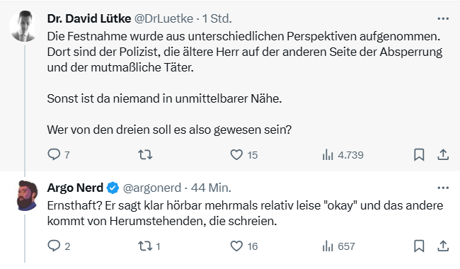KreuzAcht's tweet photo. Die Lüge, der Attentäter habe bei seiner Festnahme Allahu Akbar geschrien, wird zwar empört verteidigt - aber Argo Nerd hält stand und sagt das, was jeder in dem Video hören kann: https://t.co/RfQVQahoXY