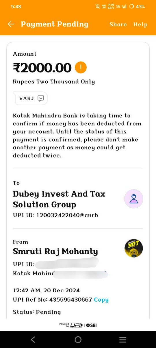 smruti_raj1's tweet photo. @Paytmcare @Paytm I sent 2000rs to a merchant on 20th Dec &amp; that time it's pending but when I contacted to my bank coustmer service of @KotakBankLtd they told it's completed on 21st dec but my status is still showing pending in Paytm history https://t.co/grITDByorV