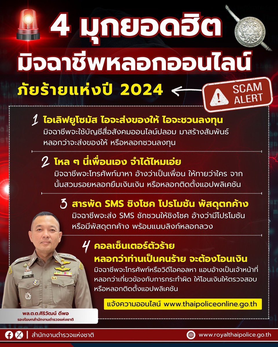 ตีแผ่ 4 มุกยอดฮิต มิจฉาชีพออนไลน์ ภัยร้ายแห่งปี 2024

พล.ต.ต.ศิริวัฒน์ ดีพอ รองโฆษกสำนักงานตำรวจแห่งชาติ เผย 4 กลลวงที่มิจฉาชีพหลอกโอนเงิน

#เตือนภัยออนไลน์ #ตำรวจเตือนภัย
#แก๊งคอลเซ็นเตอร์ 
#สำนักงานตำรวจแห่งชาติ
#Royalthaipolice