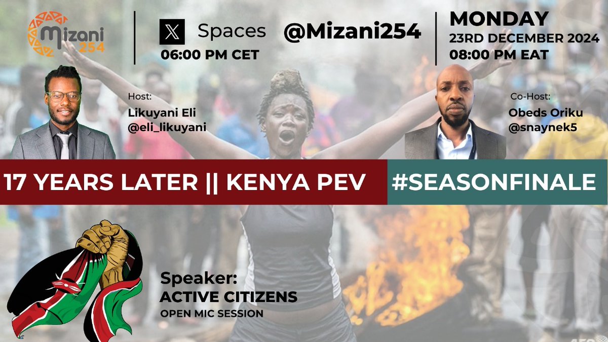 Set a reminder for our upcoming Space! 👇👇🔗🔗 x.com/i/spaces/1vAxR…

As the political class reassemble to self-preserve, 17 Years Later, we revisit Kenya's Post-election violence in 2007/2008 on our last Episode of #Mizani254 LEADERSHIP  GOVERNANCE POLICY &amp; ACCOUNTABILITY
