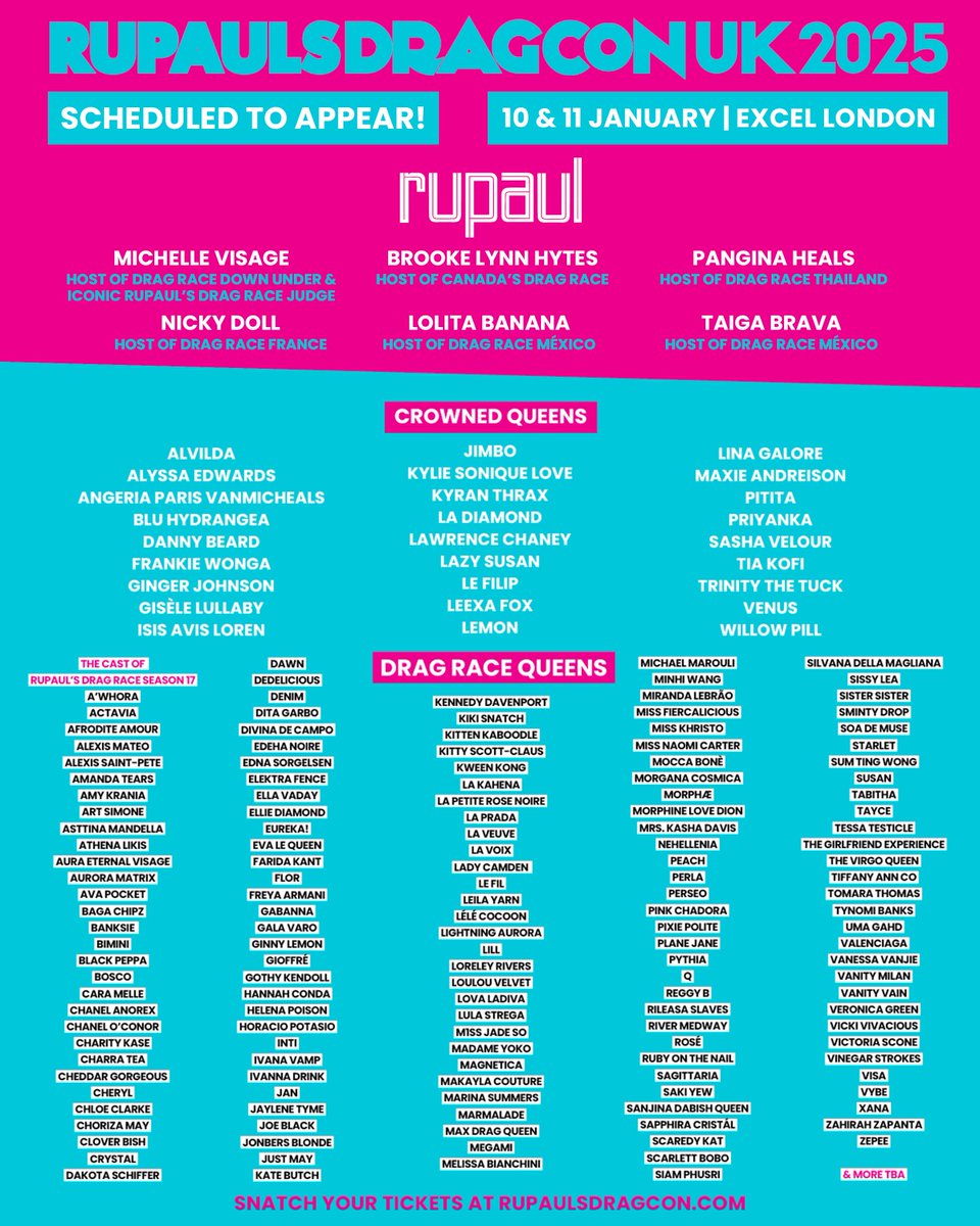 RuPaulsDragCon's tweet image. The lineup? STACKED. ๐ ๐ Meet your favorite queens and judges from across the Drag Race franchise at @rupaulsdragcon UK - the largest gathering of #DragRace queens in the WORLD! ๐ฌ๐ง
๐๏ธ #DragCon UK tickets on sale now: hubs.la/Q030M0jD0
๐๏ธ 10 & 11 January
๐ @excellondon