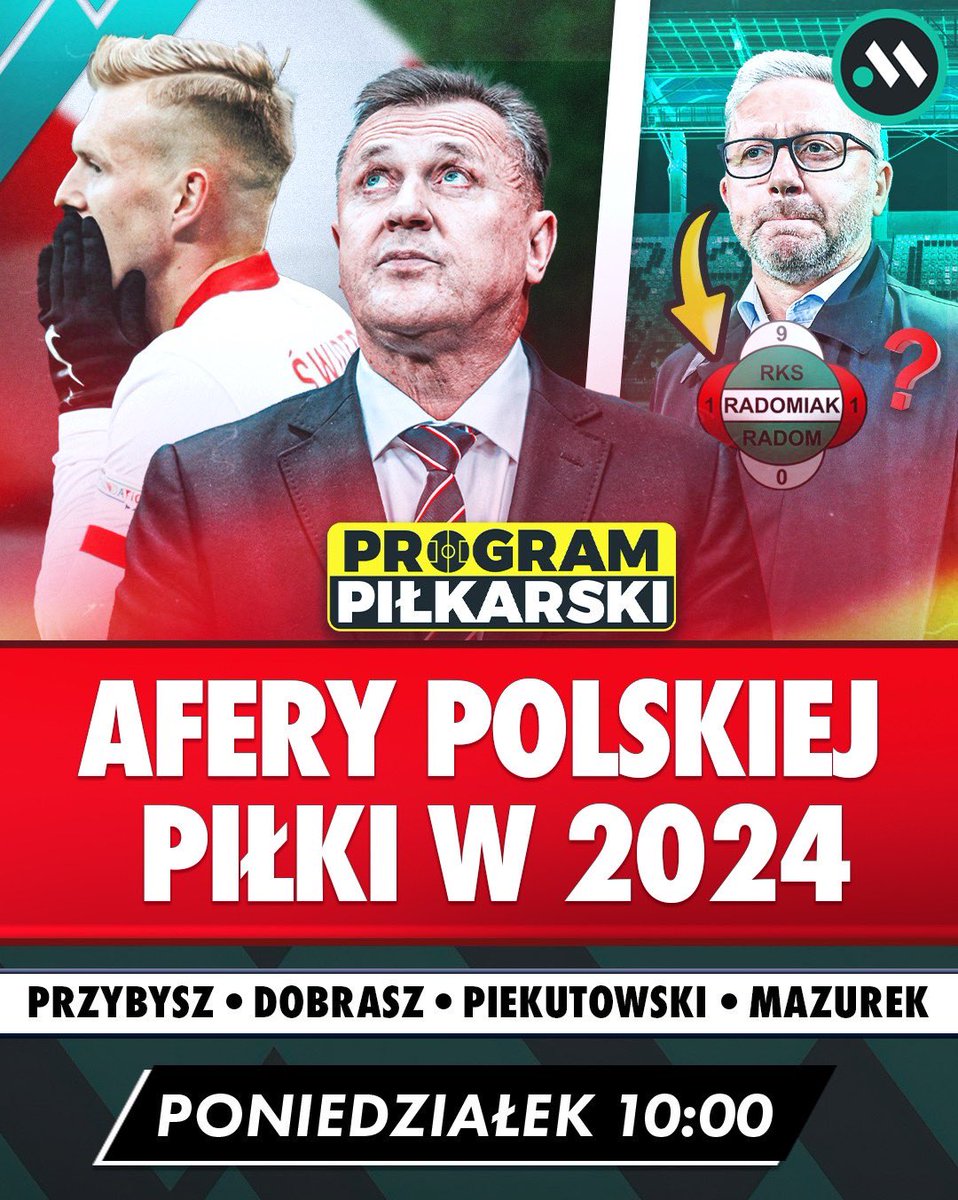 Program Piłkarski w poniedziałek! ⚽️

Podsumujemy największe afery i absurdy w polskim futbolu w kończącym się 2024 roku 🔍📆

W programie również aktualne ekstraklasowe tematy ✅

⏰ START: 10:00!