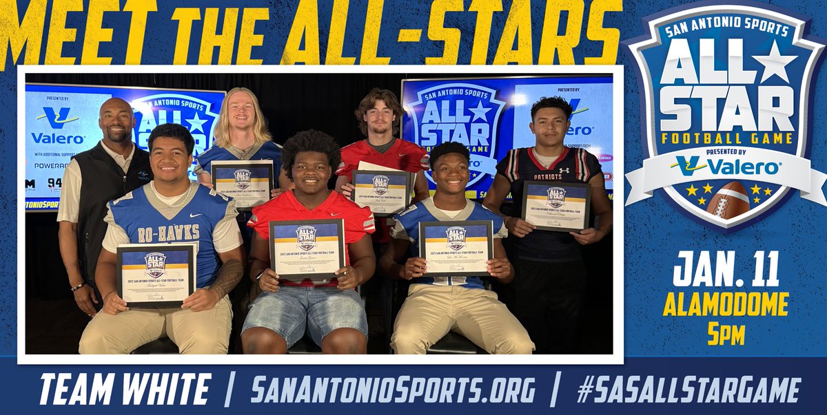 San Antonio Sports (@sa_sports) on Twitter photo Watch <a href="/News4SA/">News 4 San Antonio</a> Sports Sunday tonite at 11 PM & meet <a href="/RoHawkPride/">Randolph Ro-Hawk Athletics</a> @taulepetiV07, @samoakland06 & @leemcmooain; @judsonfootball <a href="/nolimitjosiah1/">Josiah"Mean"Green</a> & @jackcall14; & <a href="/SAVeteransFBall/">Veterans Memorial Footballโข๏ธ</a> @nate0cinco who were chosen for the <a href="/SA_Sports/">San Antonio Sports</a> All-Star Football Game pres. by @valeroenergy. Congrats! Watch <a href="/News4SA/">News 4 San Antonio</a> Sports Sunday tonite at 11 PM & meet <a href="/RoHawkPride/">Randolph Ro-Hawk Athletics</a> @taulepetiV07, @samoakland06 & @leemcmooain; @judsonfootball <a href="/nolimitjosiah1/">Josiah"Mean"Green</a> & @jackcall14; & <a href="/SAVeteransFBall/">Veterans Memorial Footballโข๏ธ</a> @nate0cinco who were chosen for the <a href="/SA_Sports/">San Antonio Sports</a> All-Star Football Game pres. by @valeroenergy. Congrats!