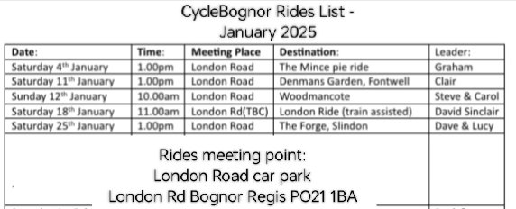 cyclebognor's tweet image. Hope you all had a great Christmas!
Looking ahead to the New year, here's our rides schedule for January 2025.
Fuller details on our Facebook page as each ride approaches!