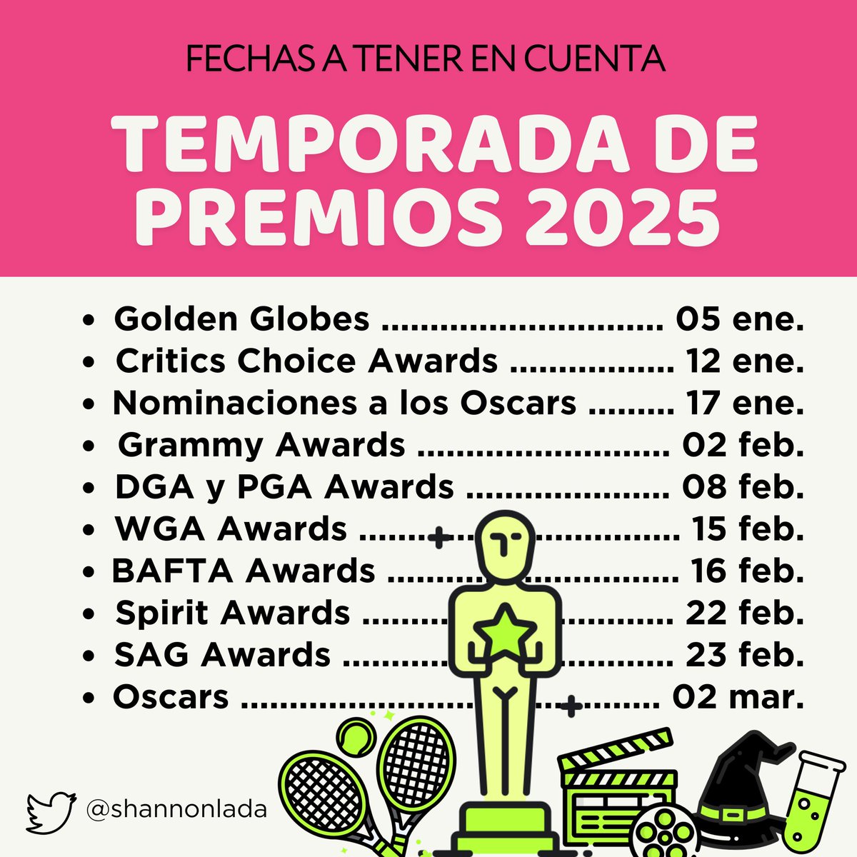 shannonlada's tweet photo. 📌✨ | Amable recordatorio de que este 2025 también estaré cubriendo la TEMPORADA DE PREMIOS por aquí.

La verdad me emociona mucho ver cómo se han ido sumando más personas a nuestra comunidad y espero seguir acompañándolos en las ceremonias.

Les dejo el calendario :) https://t.co/JwQ1LxPmh8