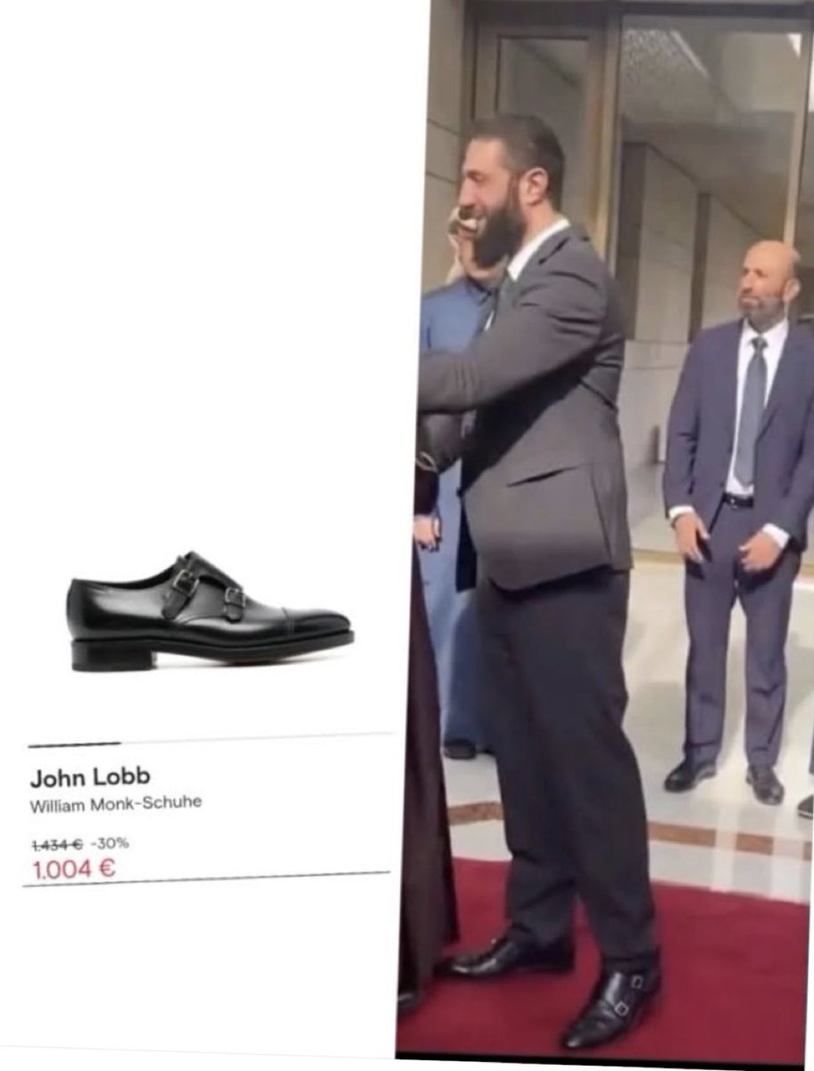 بعد ان استلم دولارات مكافاة الاخلاص والولاء من كفيله ، اشترى العميل الجولانى حذاء جديدا بدلا من صندل داعش ، يصل ثمن هذا الحذاء اللى لابسها ١٠٠٤ يورو بعد اسبوع واحد بالحكم !!