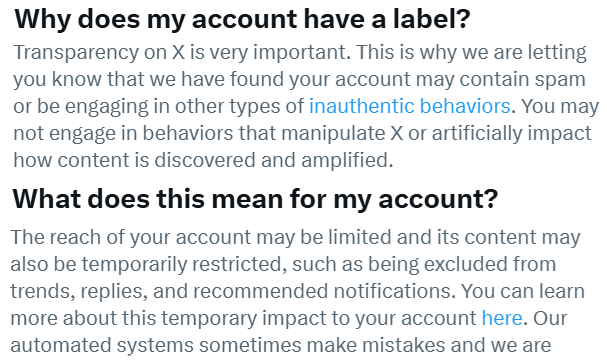 En 27/11/24 recibí msg de <a href="/X/">X</a> diciendo que mi cuenta estaba "restringida" por "comportamientos inauténticos".
Desde entonces, no he publicado tuit alguno tal como había hecho anteriormente, (23,300 tuits), y no lo haré hasta que los bribones que manejan esta red pidan disculpas.🖕