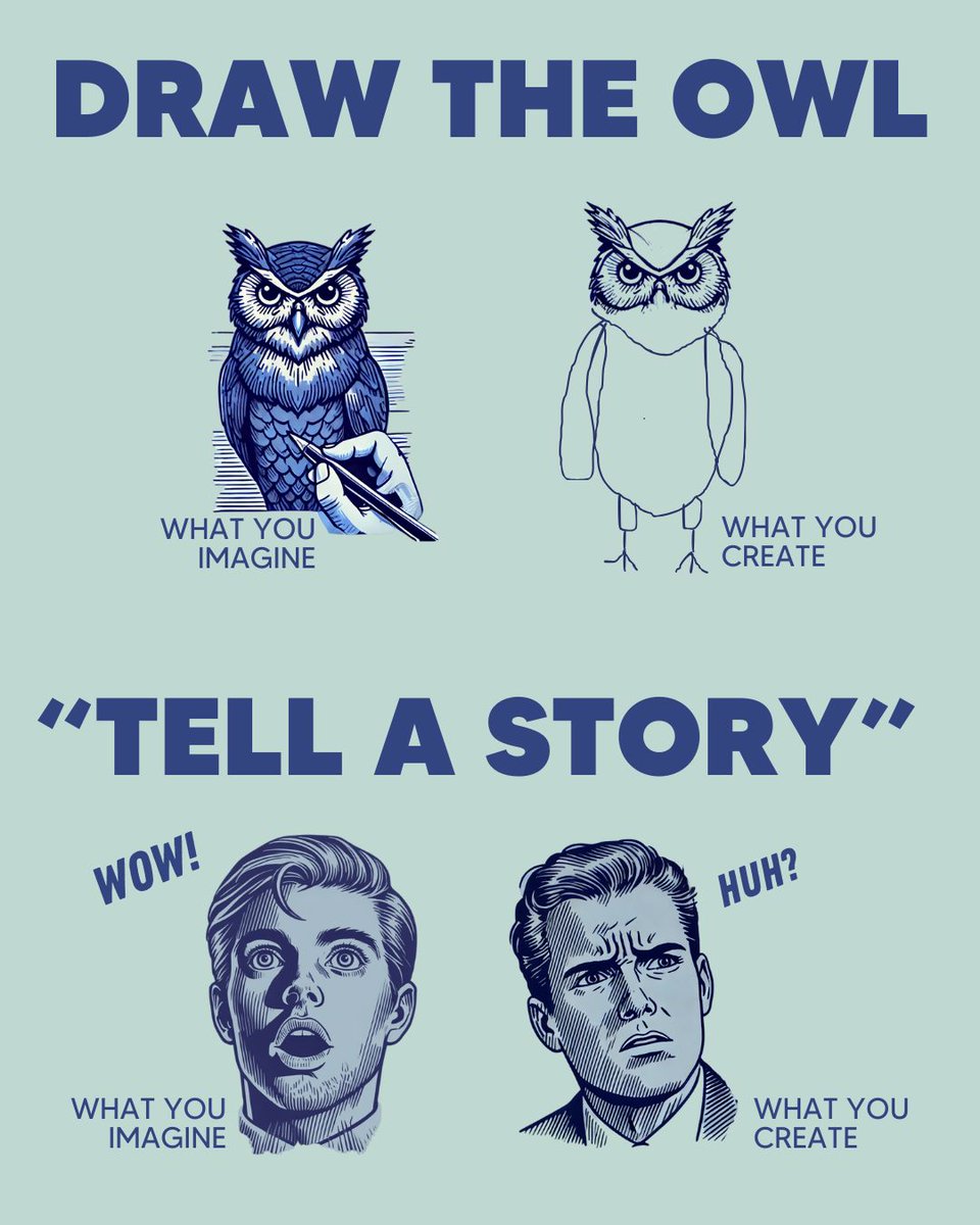 Beefmanning's tweet photo. @KateBour 100%...the problem is "tell your story" advice is a lot like "draw the owl" advice.  It takes some skill to tell a tight, relevant story that persuades. https://t.co/9bM3upsnWu