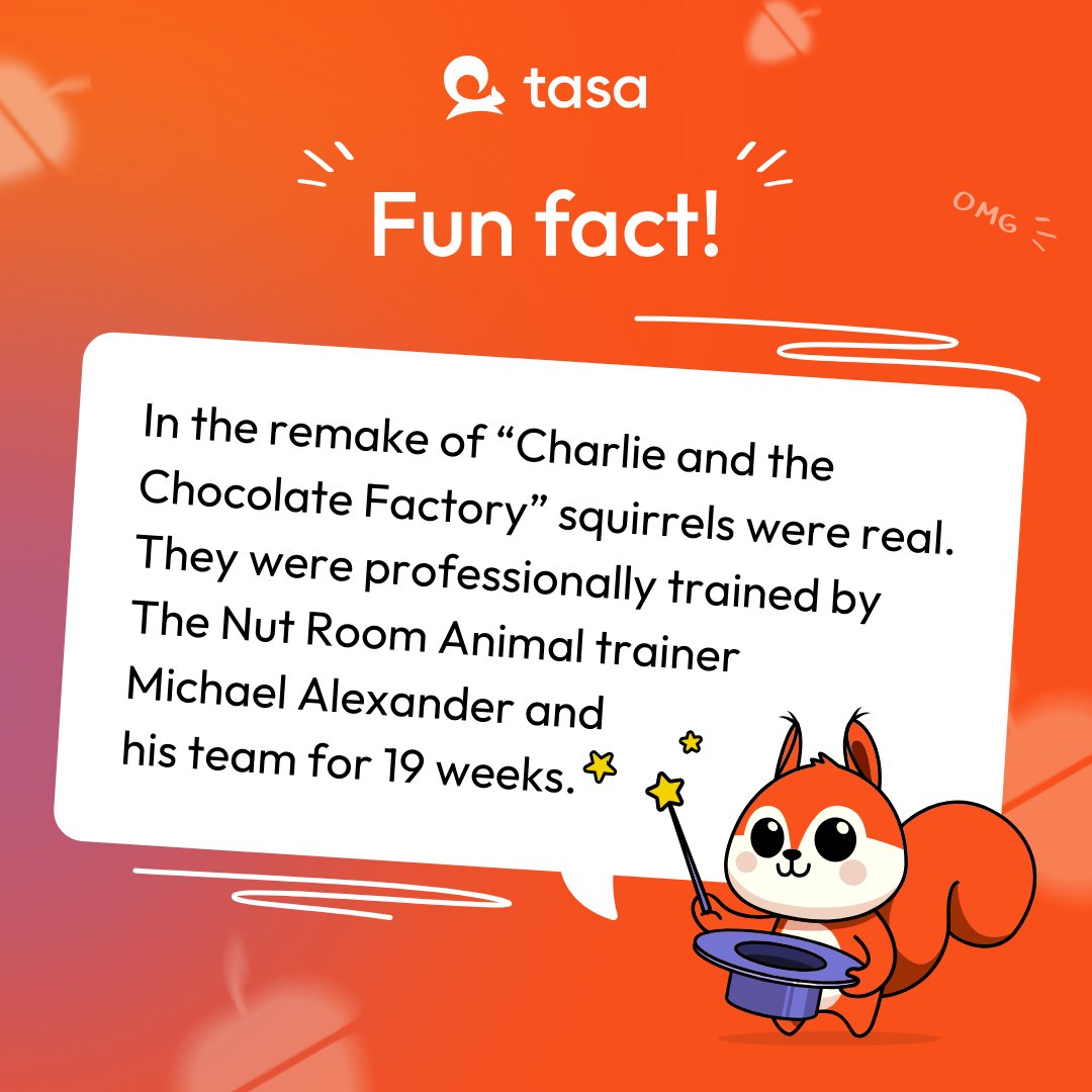 TasaApp's tweet photo. Did you know the squirrels in Charlie and the Chocolate Factory weren’t CGI? 🐿️ They were real, highly trained performers cracking nuts on cue. Imagine managing that project! With Tasa, you can keep your team on task—even if your team includes 40 squirrels. 🐾 #tasaapp #charlie https://t.co/VdXqqrLBMU