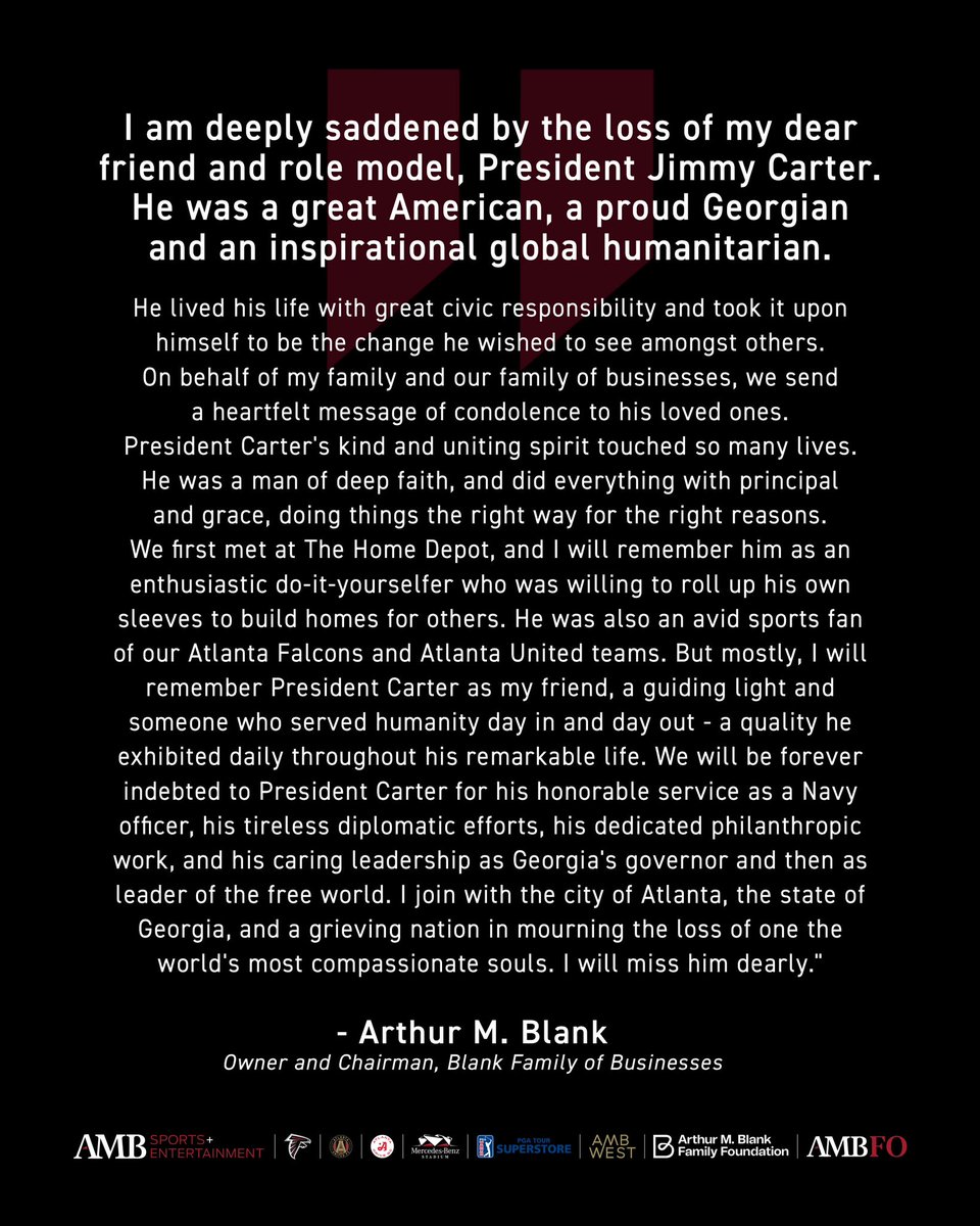 A statement on the passing of President Jimmy Carter from Arthur M. Blank.