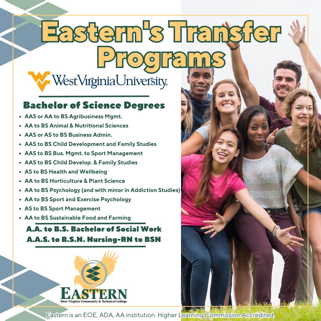 ewvctc's tweet image. Transfer your academic journey from #EasternWV to WVU. Explore a wide range of bachelor of science programs including Agribusiness Mgmt, Business Admin, Child Development, and more! Learn more at: easternwv.edu/academics/tran… 
#DiscoverEWV #TransferPrograms #HigherEducation