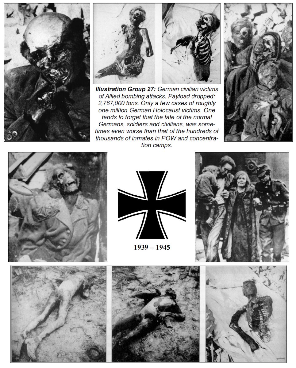 65 000 tonnes d'explosifs sur Gaza !
Essayez d'imaginer maintenant les 2 767 000 tonnes d'explosifs que les Alliés ont largué pendant la 2ème Guerre Mondiale sur les civils Allemands. 
Femmes, enfants, vieillards.

img extrait de "Dissecting the Holocaust" de Germar Rudolf