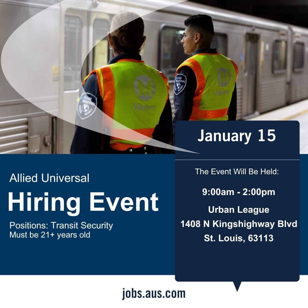 AU_Careers's tweet image. Hiring Event: Transit Security in St. Louis! Join us on Jan 15, 9 AM - 2 PM at Urban League. Avg. $17.65/hr. Must be 21+. #Hiring #TransitSecurity #StLouisJobs #AlliedUniversal #SecurityJobs ow.ly/FZfI50UwbU4
